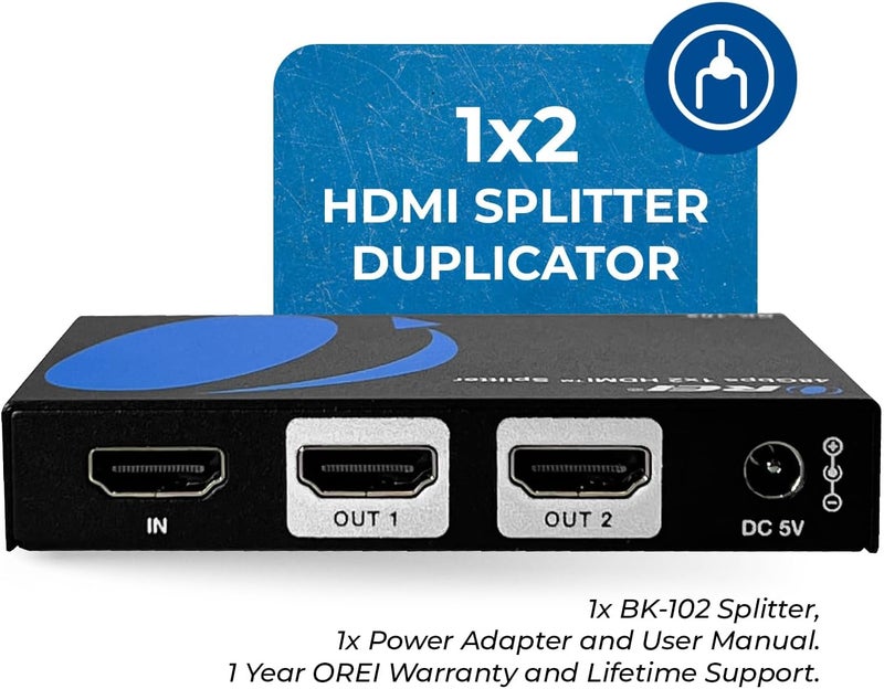 OREI 8K HDMI Splitter 1 in 2 Out, Duplicate/Mirror HDMI Signal UltraHD Supports Upto HDMI 2.1 Splitter 4K@120Hz EDID Management HDCP 2.3 - BK-102 - Image 2